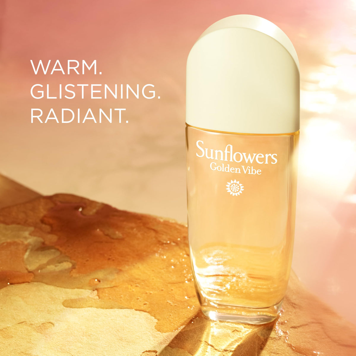 Elizabeth Arden Sunflowers Golden Vibe bottle side, lightweight and portable.