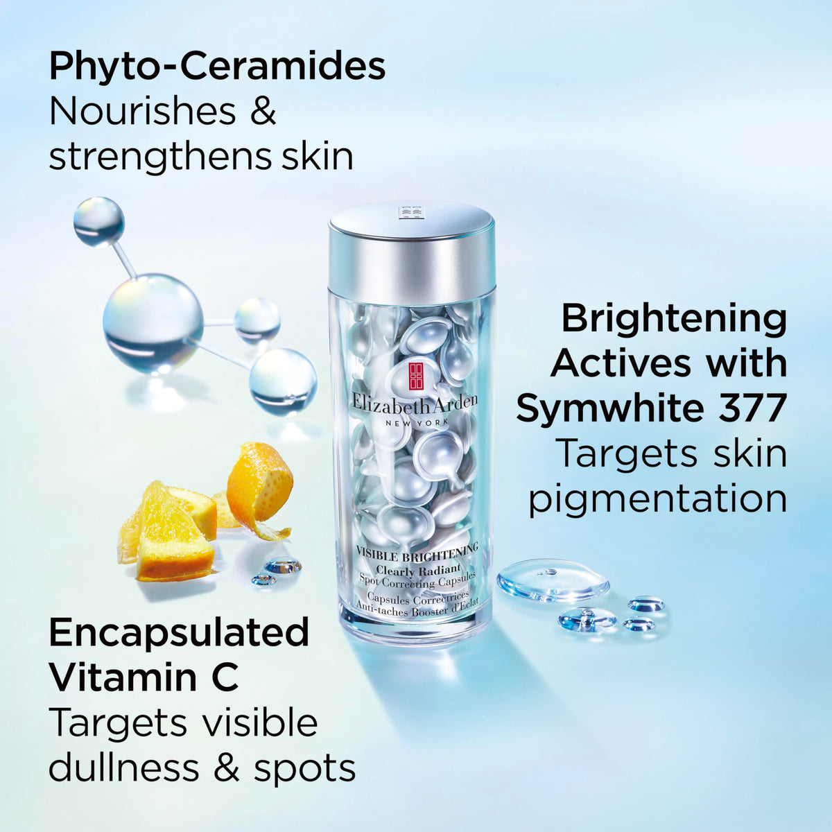 Elizabeth Arden Visible Brightening ingredient visuals emphasize phytoceramides supporting skin barrier.