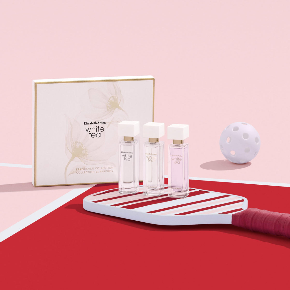 Elizabeth Arden White Tea Eau Florale mini bottle with pink freesia and musk.