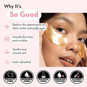 Elizabeth Mott 24K Gold Under Eye Patches on face showing cooling de-puffing effect