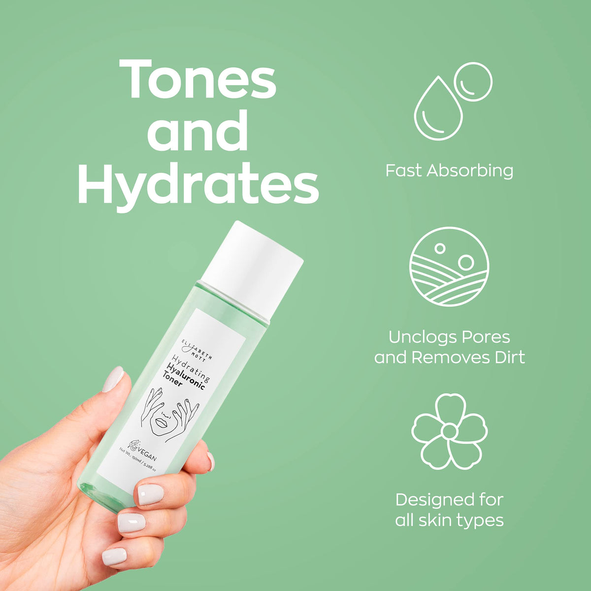 Elizabeth Mott Hydrating Hyaluronic Toner near clean vanity shows minimal pore-refining feel
