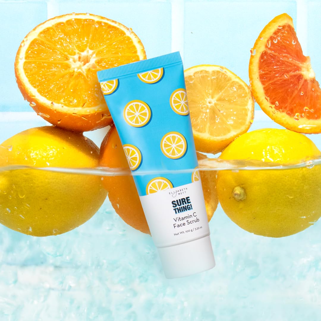Elizabeth Mott Sure Thing Vitamin C Face Scrub texture close-up, fine exfoliating particles for smoother skin.