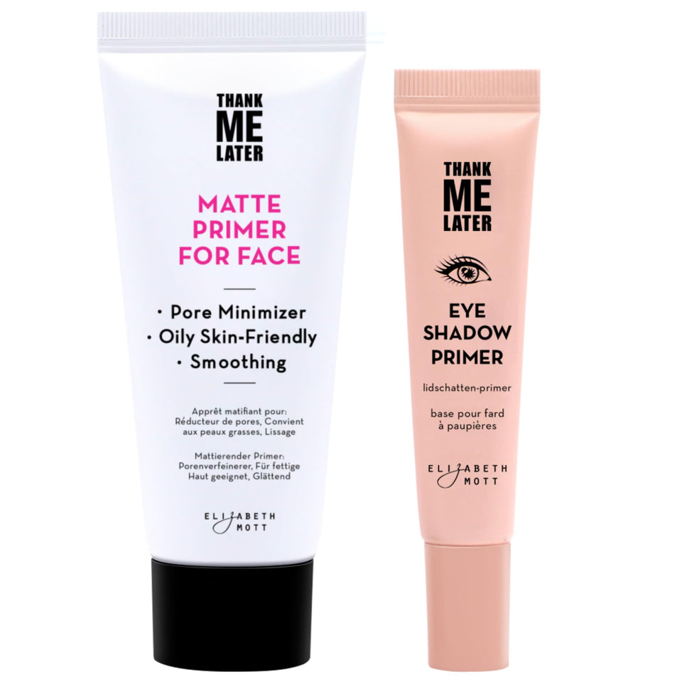 Elizabeth Mott Thank Me Later face primer bottle for a long-lasting matte base.
