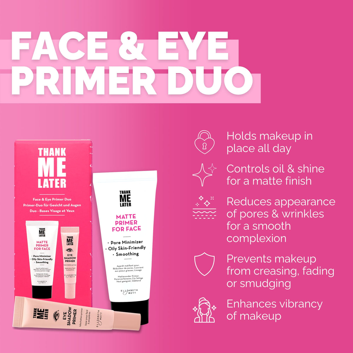 Elizabeth Mott Thank Me Later matte primer formula smooths skin with pearl powder.