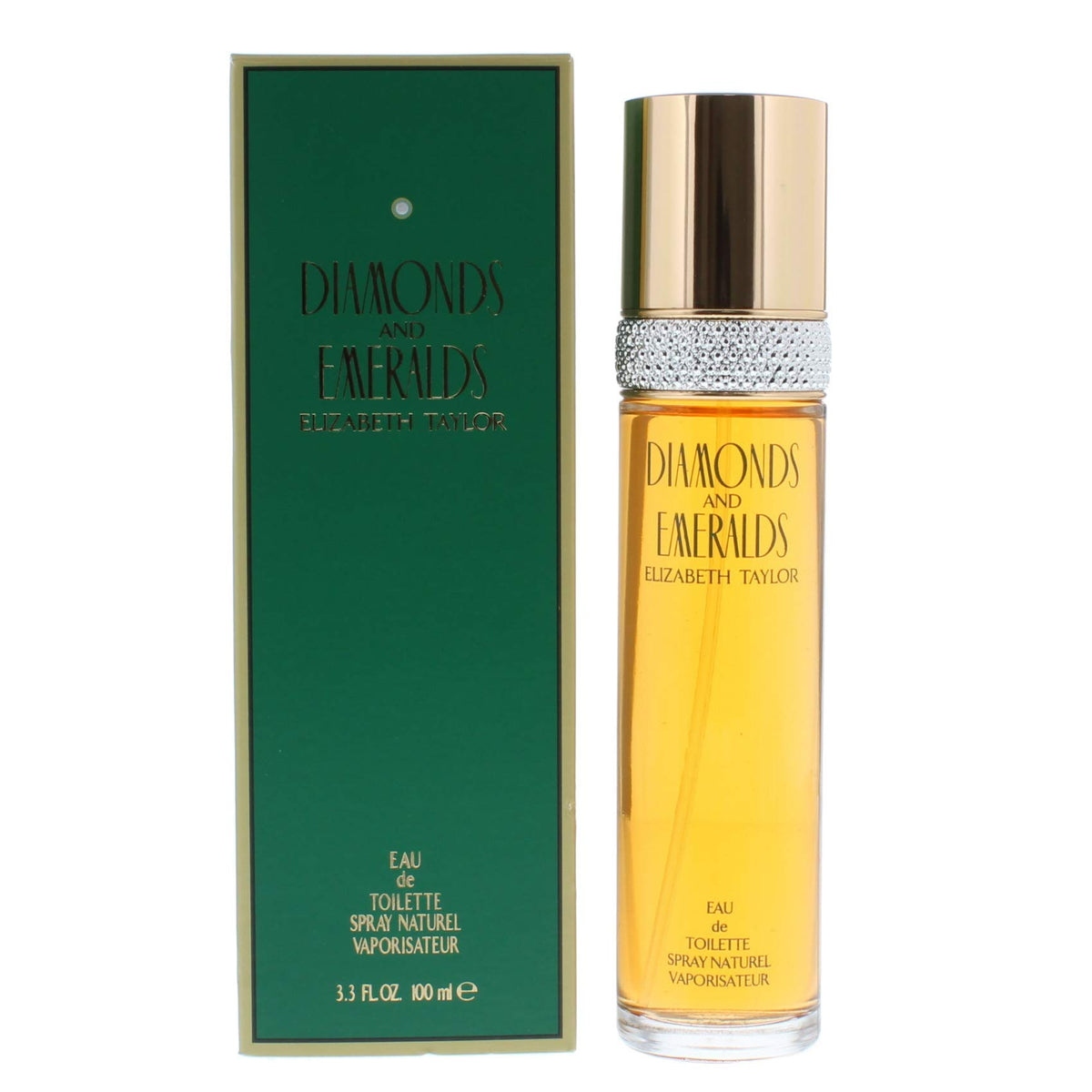 Elizabeth Taylor Diamonds and Emeralds EDT Splash bottle close-up highlights premium scent.