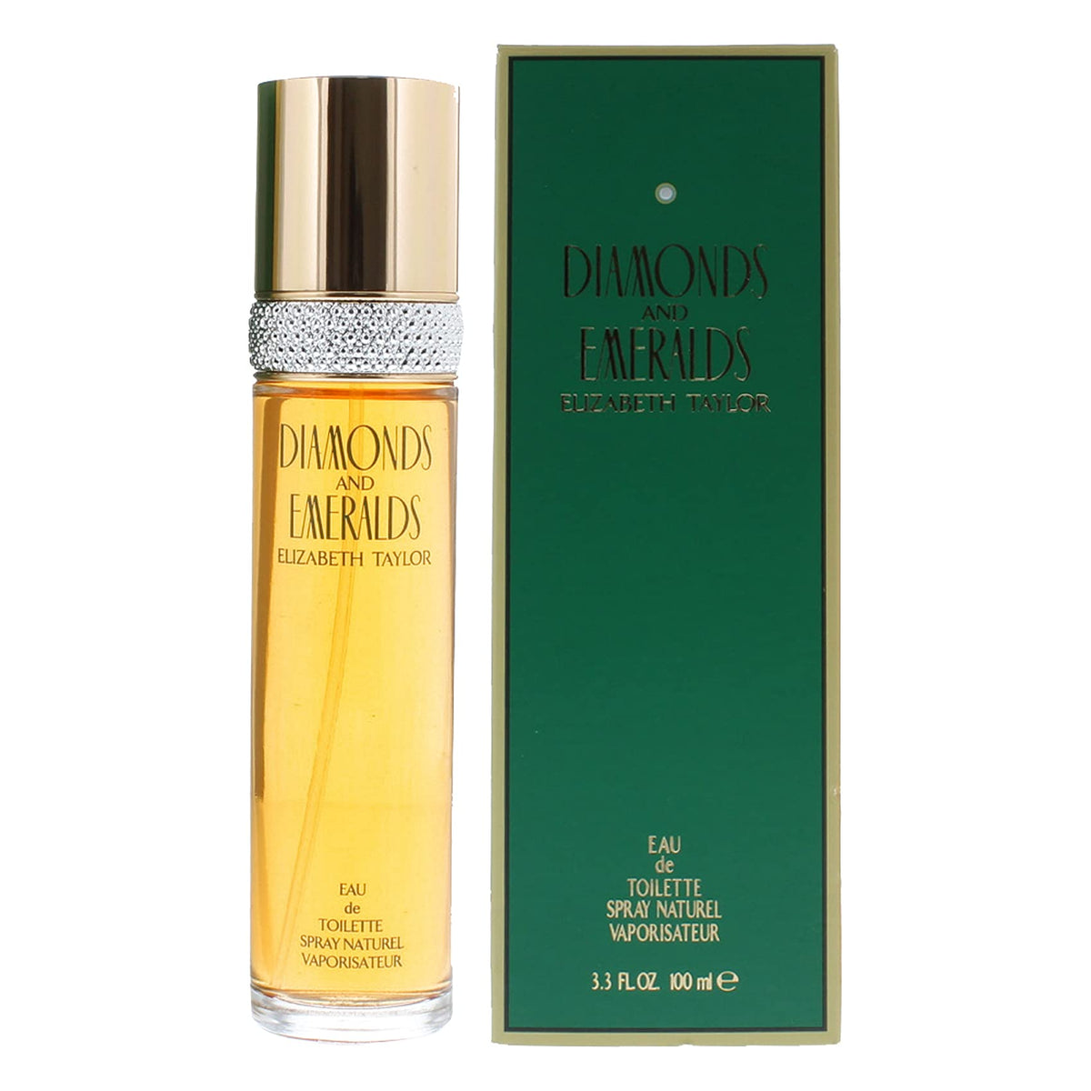 Elizabeth Taylor Diamonds and Emeralds EDT Splash packaging image shows USA-made craftsmanship.