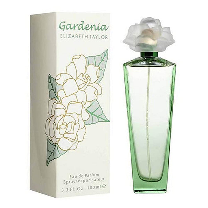 Elizabeth Taylor Gardenia bottle pour highlights floral-green notes for everyday elegance.