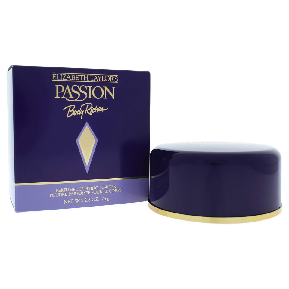 Elizabeth Taylor Passion dusting powder bottle for on-the-go scent and softly luminous skin.