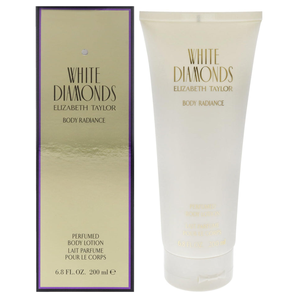 Elizabeth Taylor White Diamonds body lotion front label shows timeless elegance and brand trust.