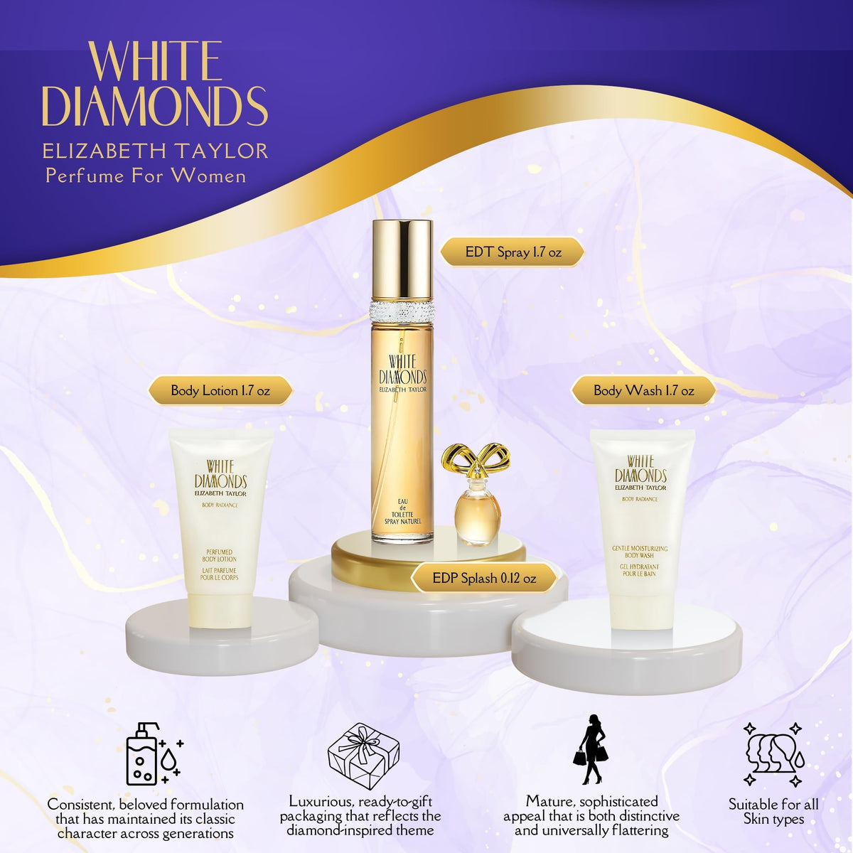 Elizabeth Taylor White Diamonds body lotion for smooth skin and subtle scent.