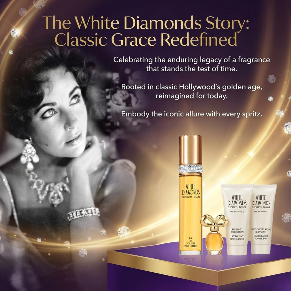 Elizabeth Taylor White Diamonds diamond-inspired jewel-toned packaging and premium fragrance.
