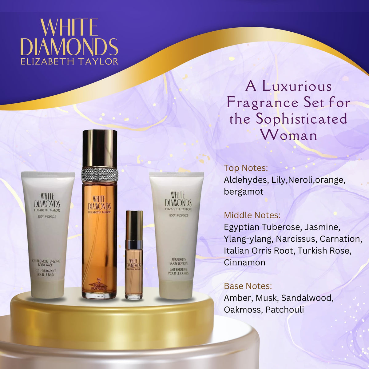 Elizabeth Taylor White Diamonds four-piece gift set display showing fragrance collection