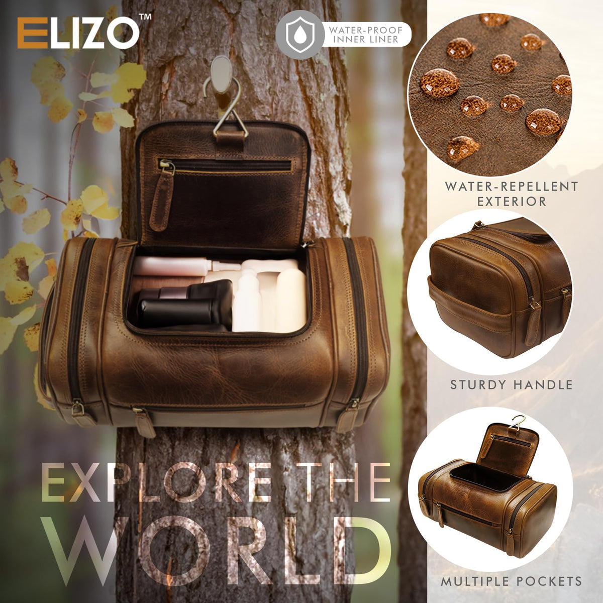 Elizo genuine leather toiletry bag with brass hook ready to hang in a bathroom.