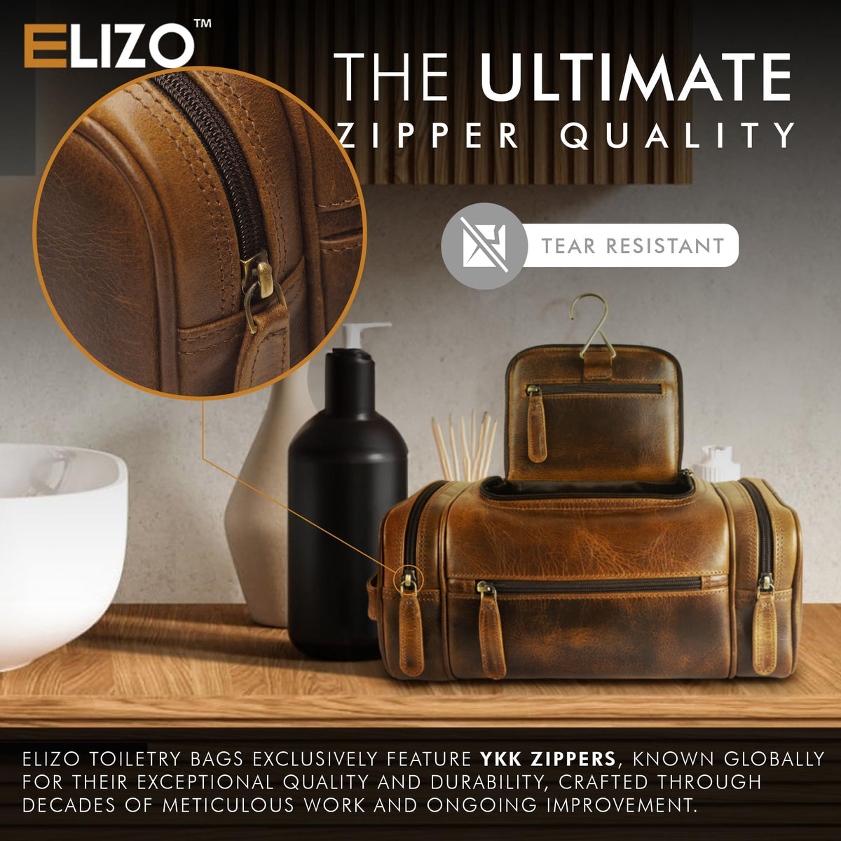 Elizo genuine leather toiletry bag interior with multiple pockets for organized toiletries.