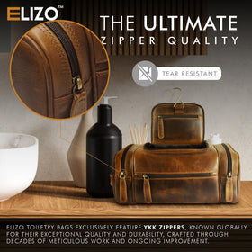 Elizo genuine leather toiletry bag interior with multiple pockets for organized toiletries.