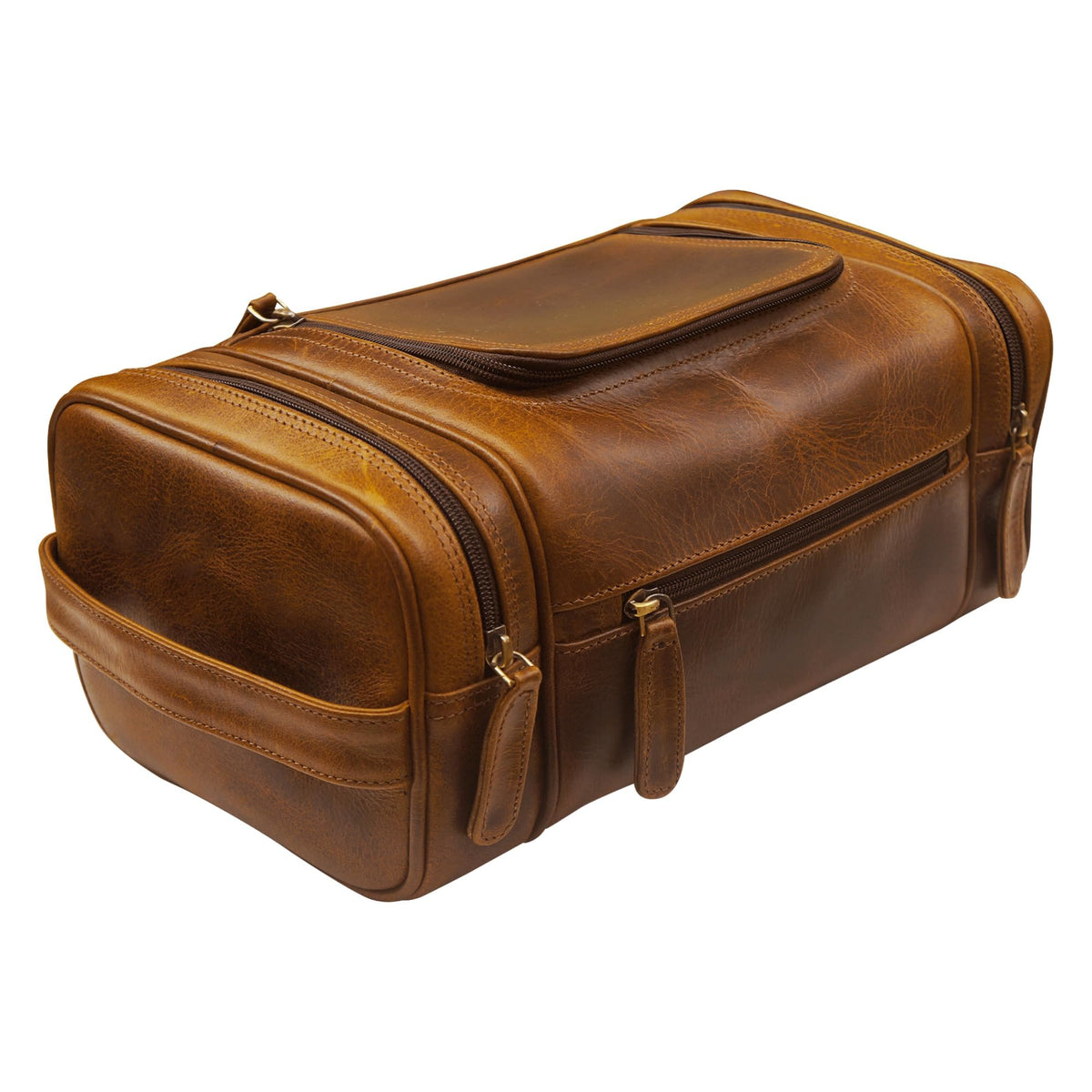 Elizo genuine leather toiletry bag top view showing spacious interior for travel essentials.