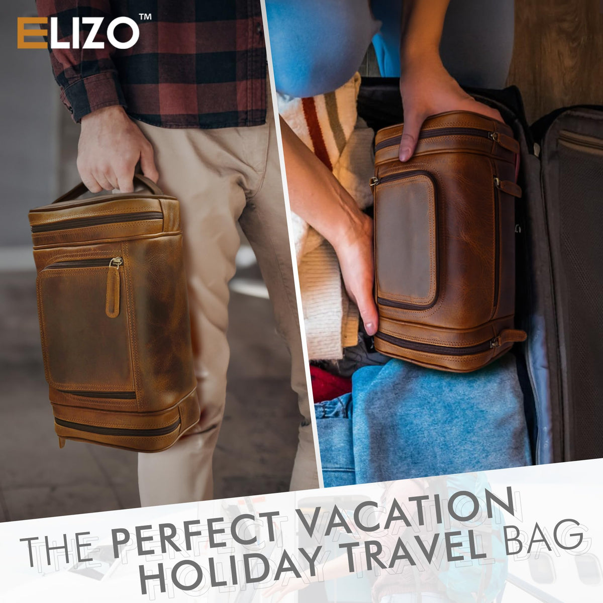 Elizo genuine leather toiletry bag travel essentials ready for packing.