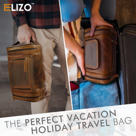 Elizo genuine leather toiletry bag travel essentials ready for packing.
