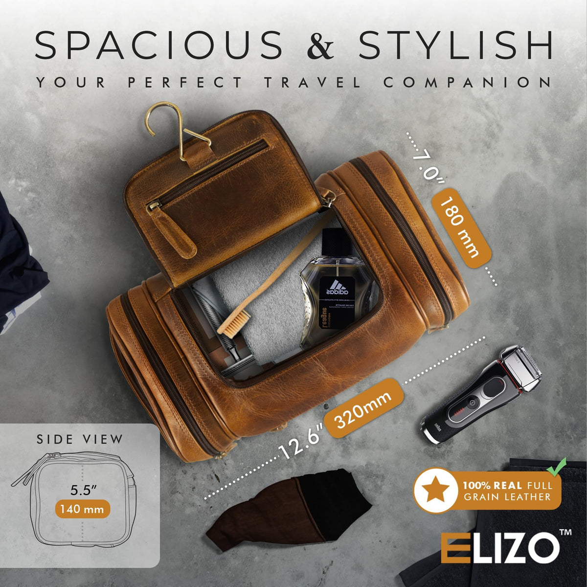 Elizo genuine leather toiletry bag wide-mouth open for quick access to cosmetics.