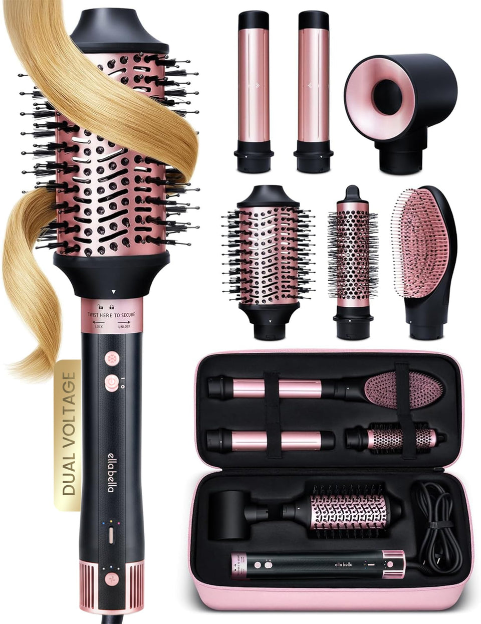 ELLA BELLA 6-in-1 professional hot air styler dries hair quickly with steady airflow.