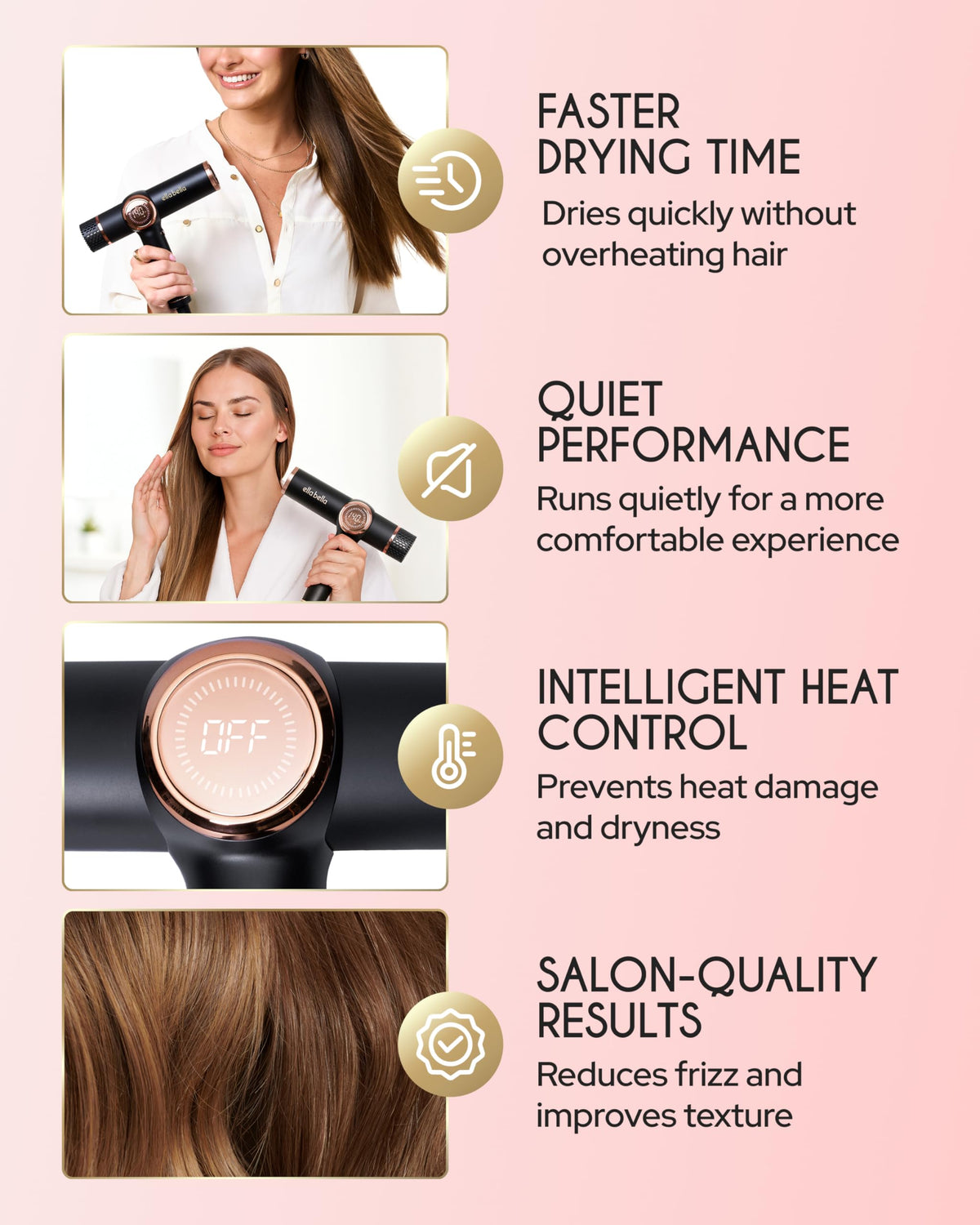 ELLA BELLA diffuser attachment distributes heat evenly for defined curls
