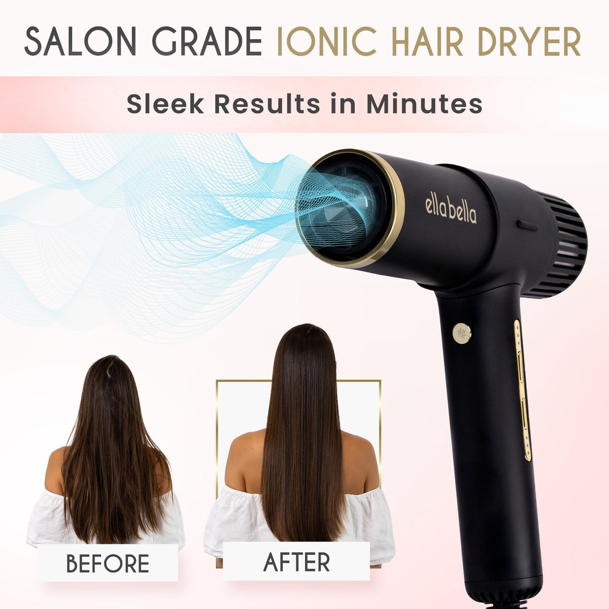 ELLA BELLA ionic hair dryer controls offer easy heat and speed customization.