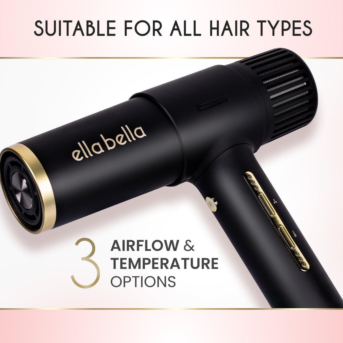 ELLA BELLA ionic hair dryer diffuser enhances natural curls and waves with balanced airflow.