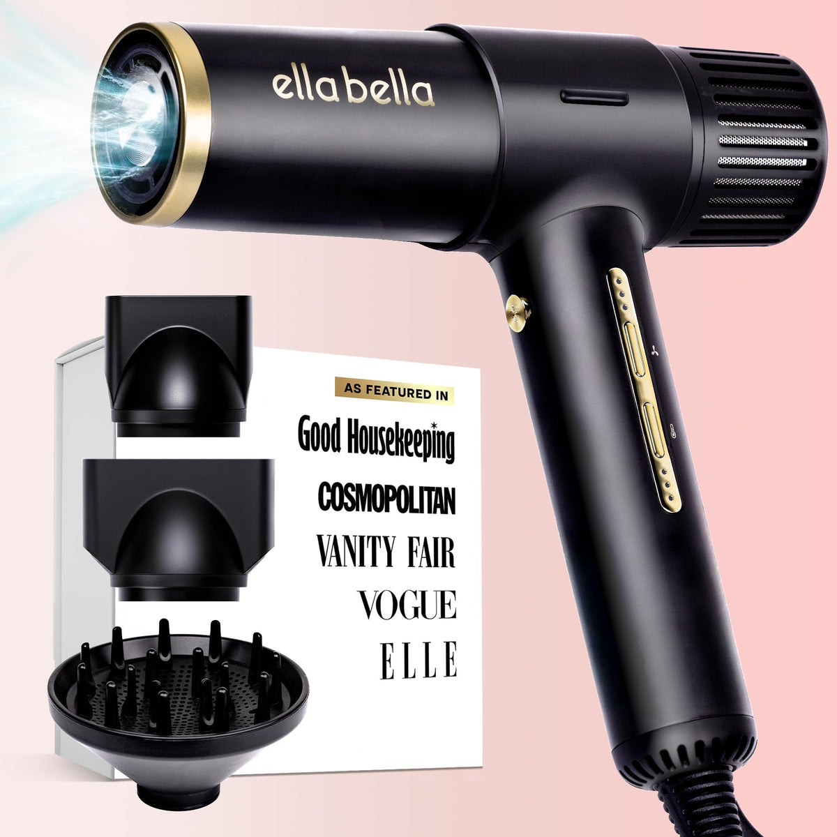 ELLA BELLA ionic hair dryer with diffuser for frizz control and smooth, lasting shine.