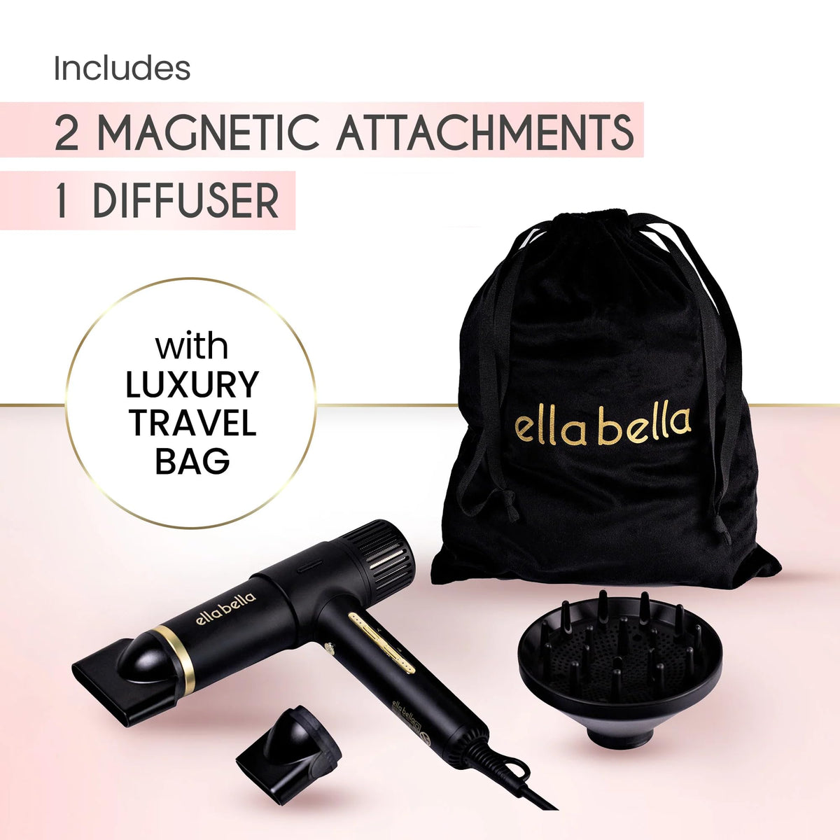 ELLA BELLA ionic hair dryer delivers rapid drying for busy mornings.
