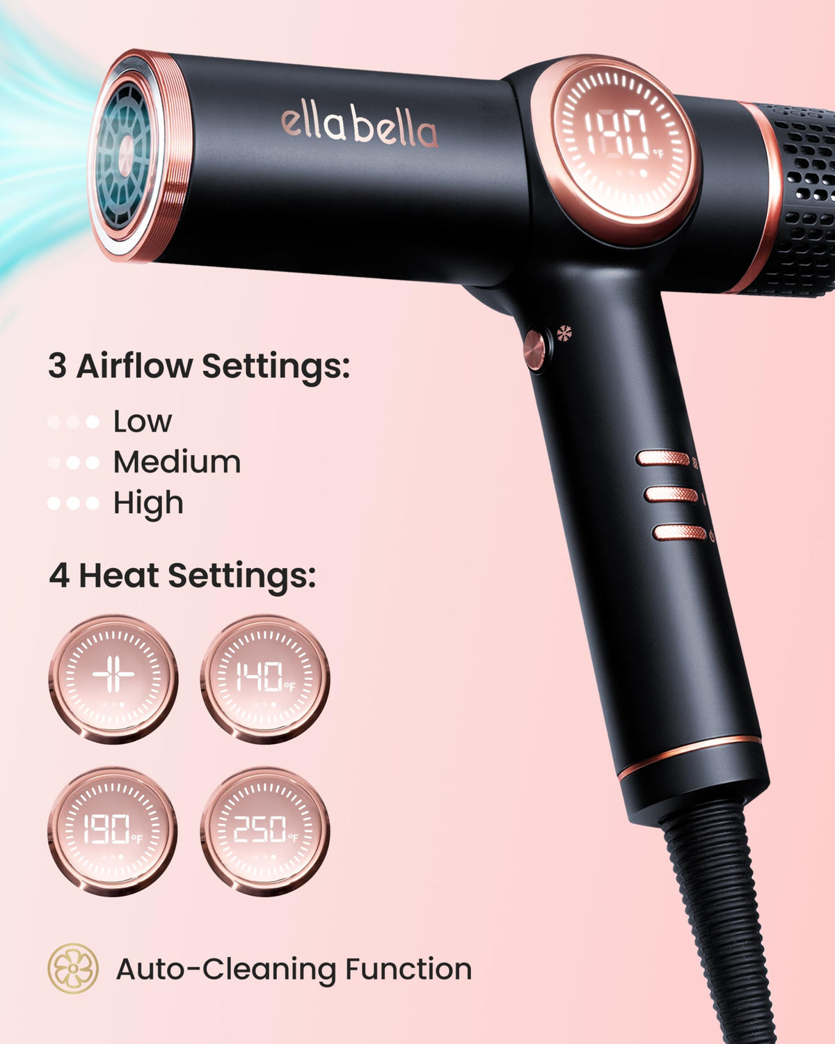 ELLA BELLA wide magnetic nozzle delivers smooth, controlled airflow