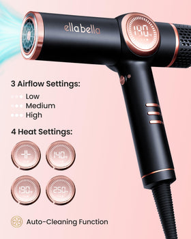 ELLA BELLA wide magnetic nozzle delivers smooth, controlled airflow