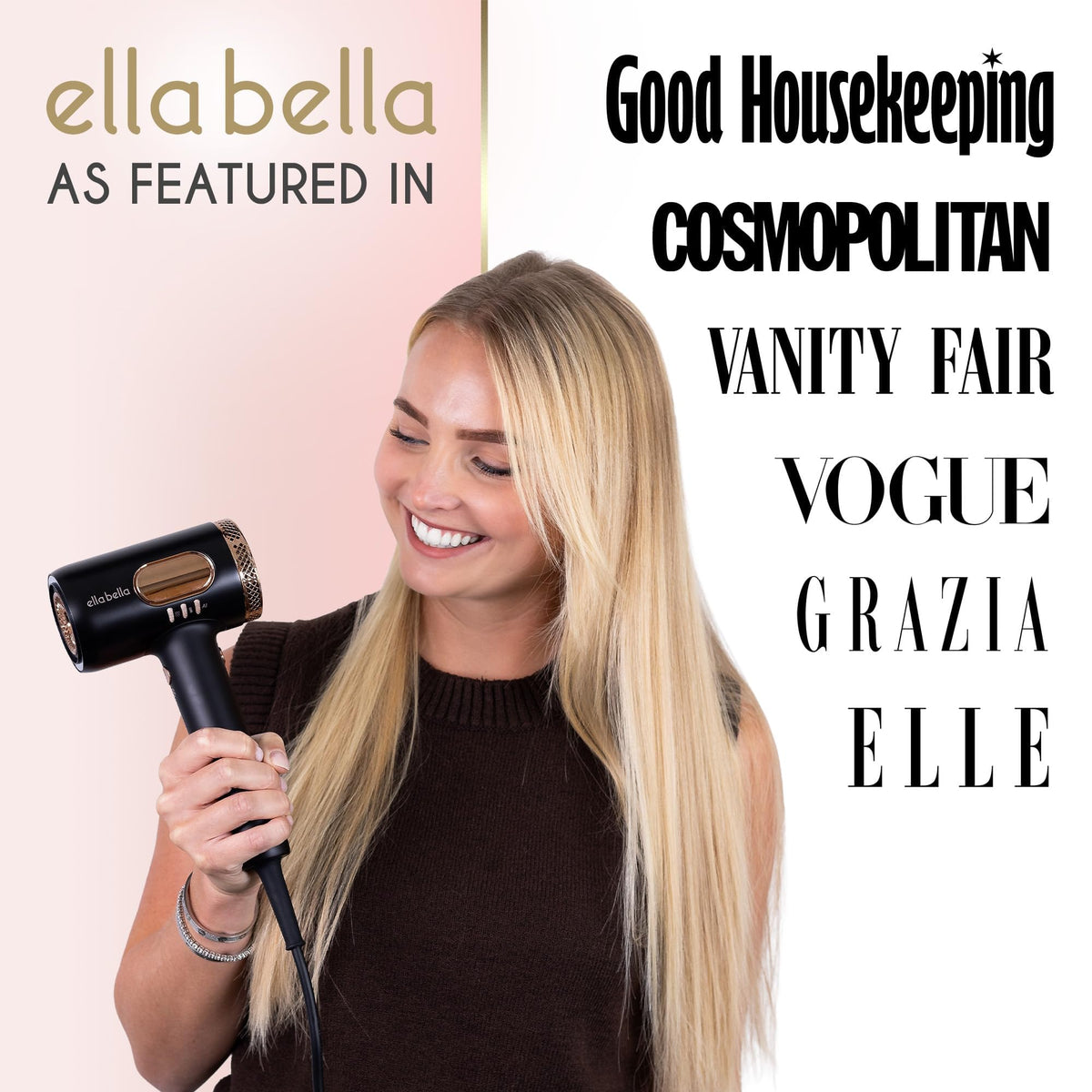 ELLA BELLA plasma technology close-up showing ion emission for healthier-looking hair