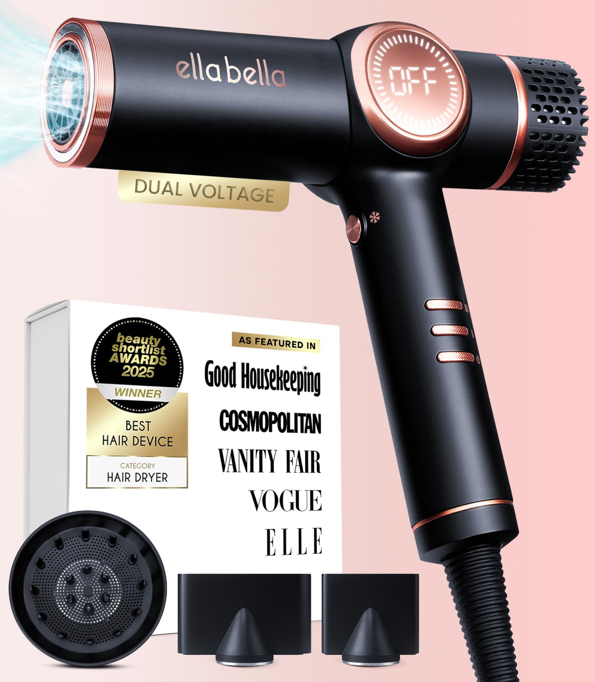 ELLA BELLA professional ionic hair dryer with diffuser for smoother, frizz-free styling