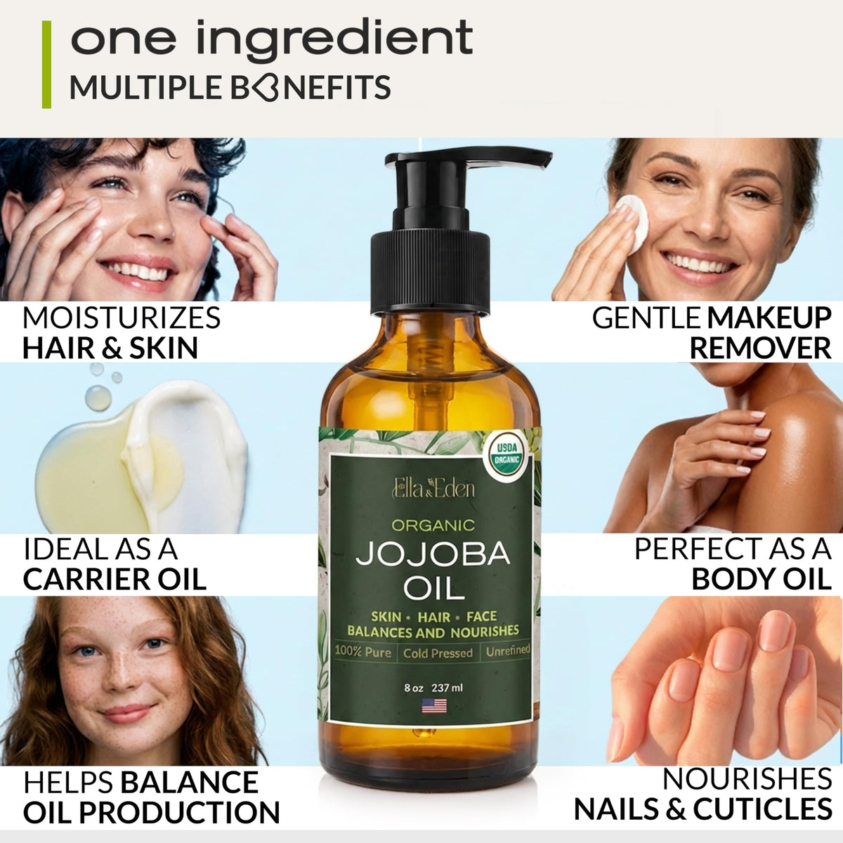 Ella & Eden jojoba oil dropper bottle highlighting purity
