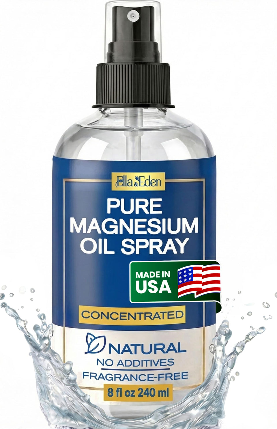 Ella & Eden Pure Magnesium Oil bottle shows a clean, additive-free daily-use formula.