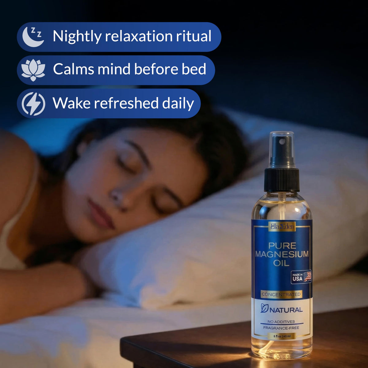 Pouring Ella & Eden Pure Magnesium Oil demonstrates quick absorption with no sticky residue.