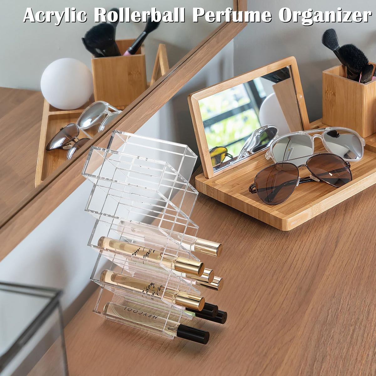 ELLDOO makeup storage solution shown with cosmetics and brushes