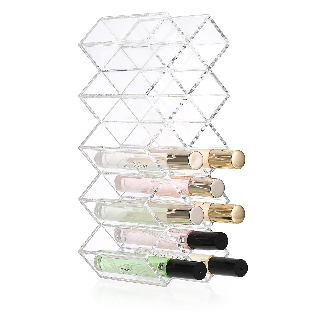 ELLDOO rollerball organizer front view shows 14 clear slots for easy perfume access