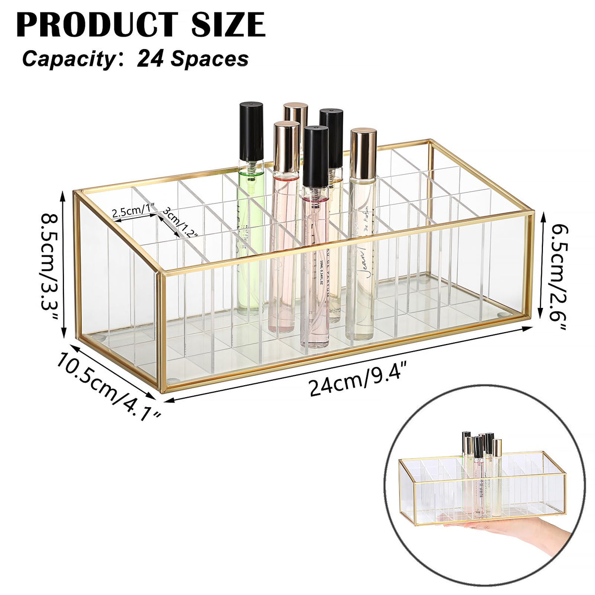 ELLDOO rollerball organizer highlights bottles with a refined gold frame.
