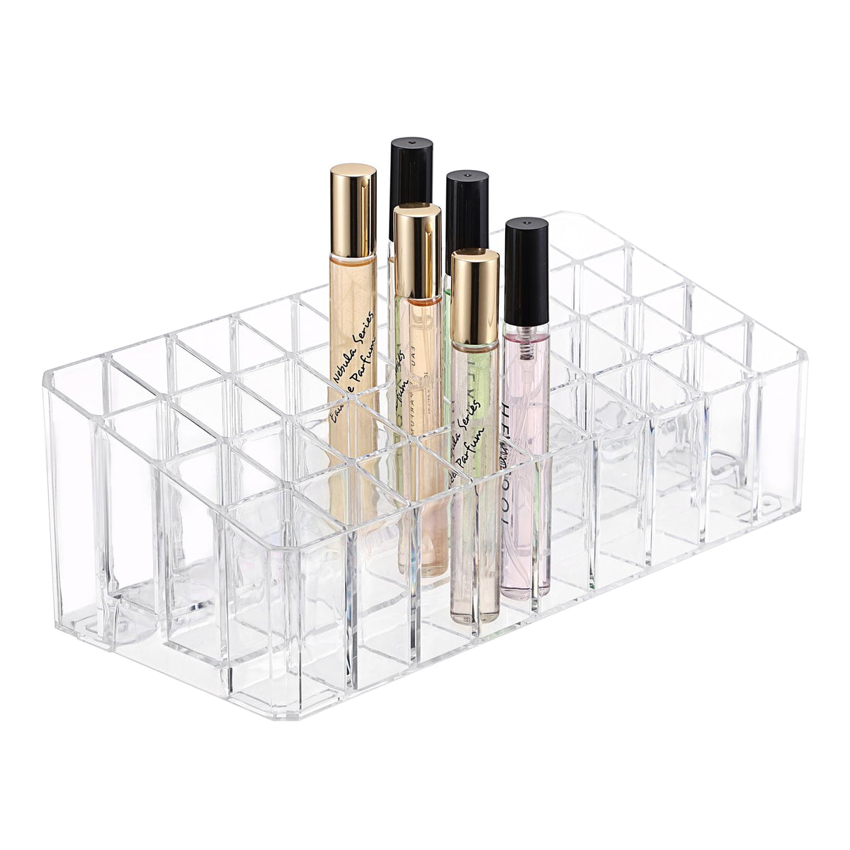 ELLDOO Rollerball Perfume Organizer on a dresser displaying bottles clearly