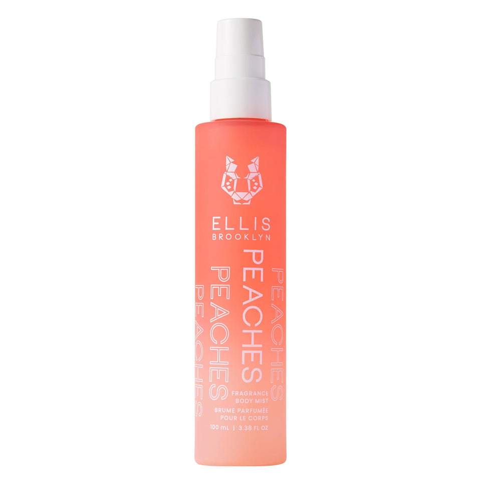 Ellis Brooklyn PEACHES fragrance mist bottle front view, fruity floral option for daily wear.