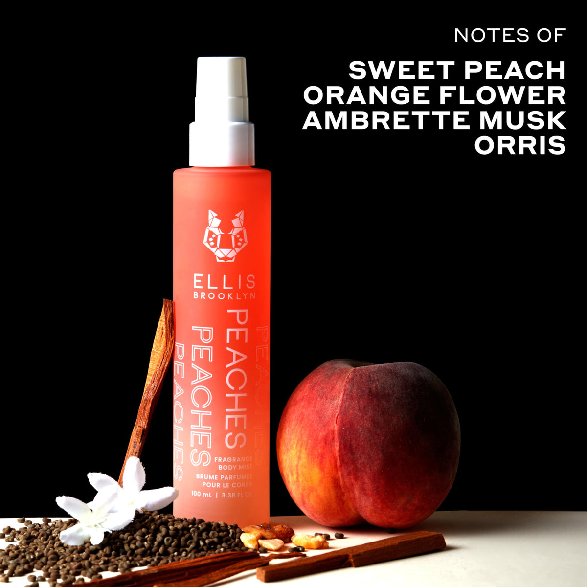 Ellis Brooklyn PEACHES fragrance mist cap closure, easy to tuck away and re-apply.