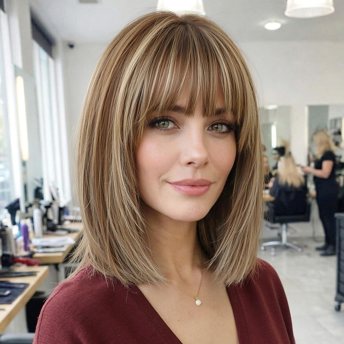 ELLORS 12-inch brown mixed blonde wig front view showcasing natural shine and realistic part.