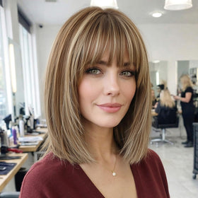 ELLORS 12-inch brown mixed blonde wig front view showcasing natural shine and realistic part.