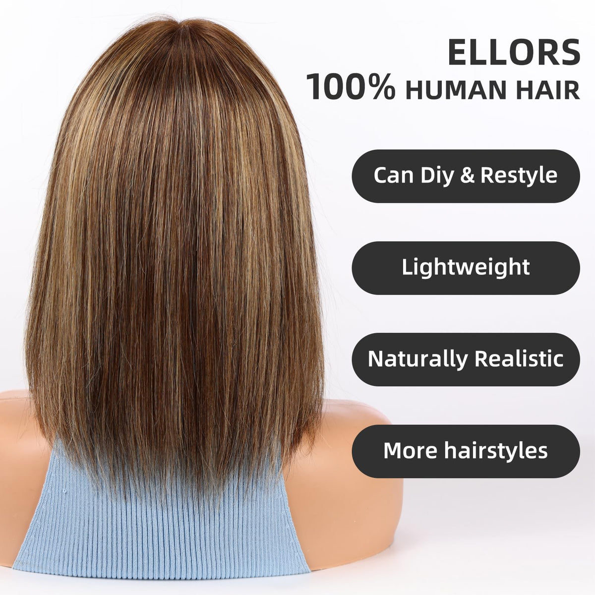 ELLORS human hair wig soft shine close-up shows healthy, vibrant hair.