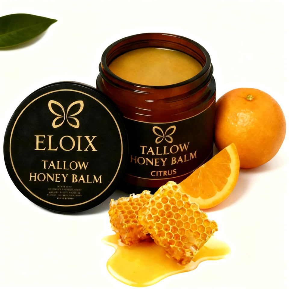 Eloix Tallow Honey Balm jar closeup showing creamy texture for deep hydration