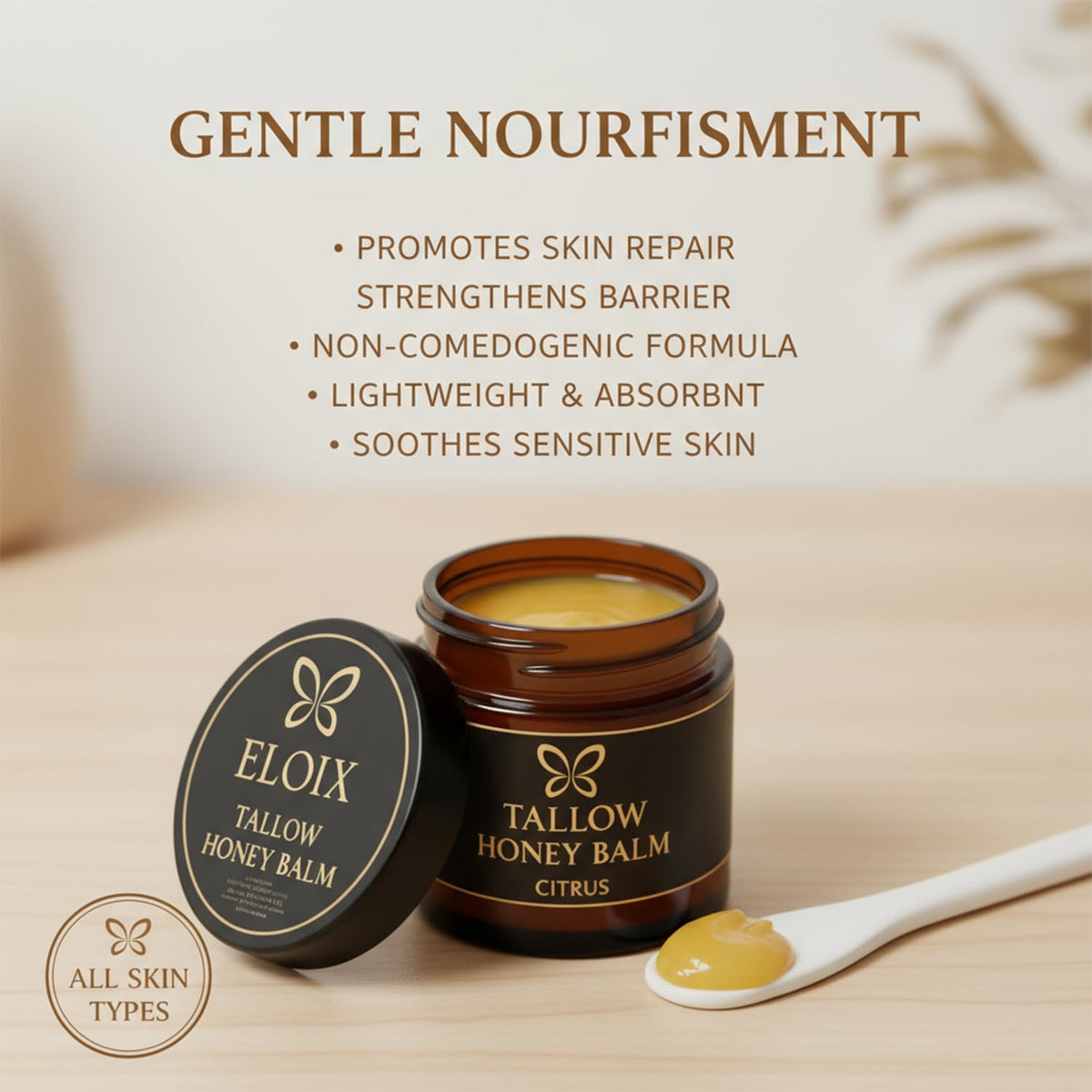 Eloix Tallow Honey Balm packaging emphasizes simple, honest skincare