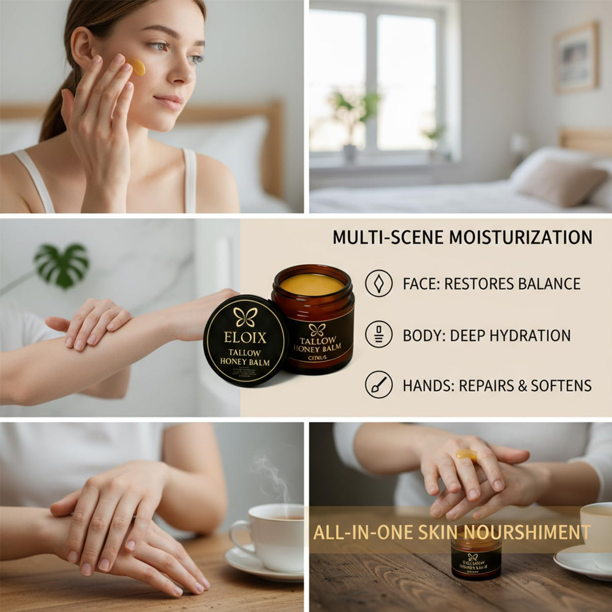 Eloix Tallow Honey Balm on skin promotes natural glow and softness