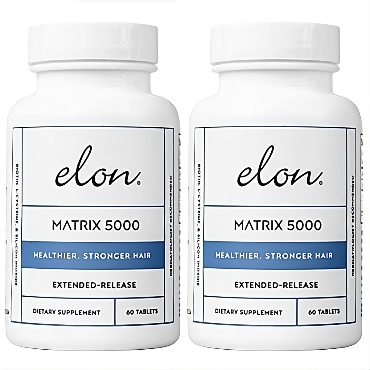 Elon Matrix 5000 biotin capsules on bottle, ideal for daily hair care