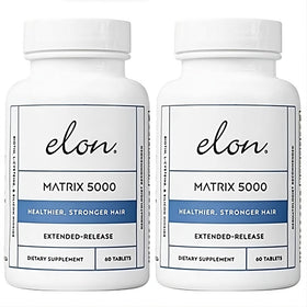 Elon Matrix 5000 biotin capsules on bottle, ideal for daily hair care